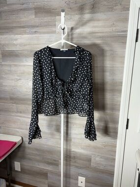 American Eagle Outfitters Black and White Polka Dot Ruffle Tie-Front Blouse 2117